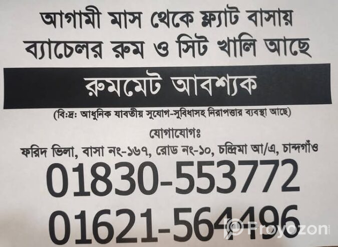 ব্যাচেলর ফ্লাটে রুম অথবা সিট ভাড়া দেওয়া হবে