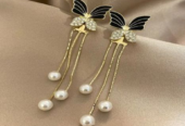 Cubic Zirconia Decor Butterfly & Faux Pearl Drop Earrings