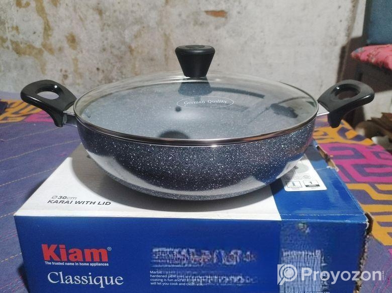 গ্লাস ঢাকনা 30cm সহ Kiam মার্বেল লেপা কড়াই