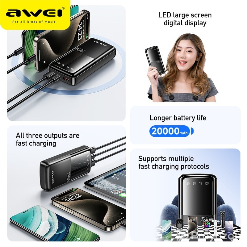 Awei P13K 22.5W PD Fast Charging Power Bank – ২০০০০mAh