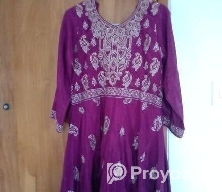 Beautiful purple long dress with intricate golden embroidery
