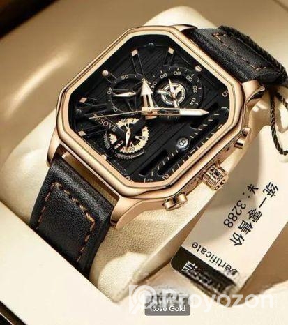 (trsoye) মেন্স লাক্সারি লেদার বেল্ট ওয়াচ — রোজ গোল্ড কেস, ব্ল্যাক