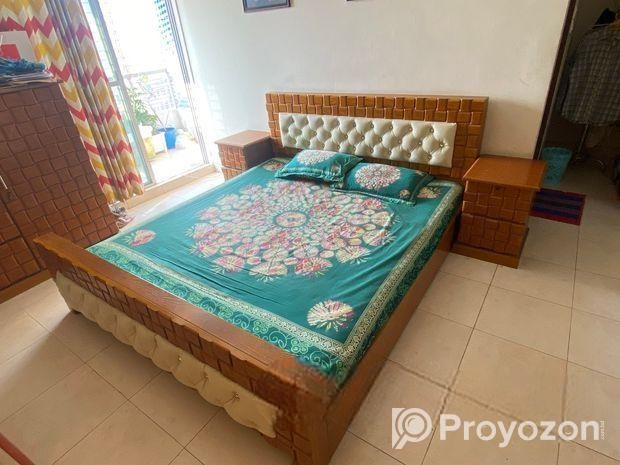 King size bed of processed wood with 2 side tables ,mattress and